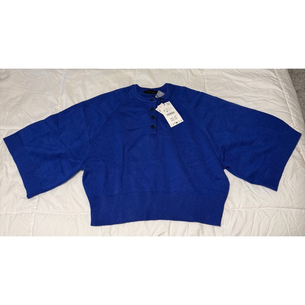 Zara Royal Blue Henley Knit Sweater Wide Short Sleeve Oversized Pullover Small
